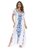 2026 Indie Folk Embroidered Short Sleeve Summer Dress Cotton Tunic Beach Kaftan Women Beachwear Swimsuit Cover Up Robe de plage