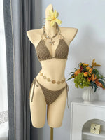 Vintage Beige Black Mesh Skirt 3 Piece Bikini Set 2026 Women Metal Chain Strap Push Up Bra Swimsuit Beach Bathing Suit Swimwear