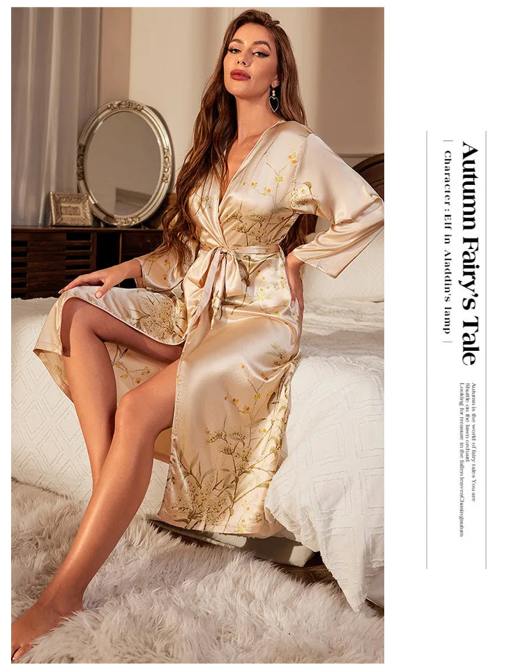 Night Dress Long-sleeved Nightgown Thin Sexy Women's Lace-up Dressing Gown Simple Cardigan Pajamas Ice Silk Bathrobe Sleepwear