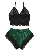 2PCS Women's Satin Pajama Set Lace Cami Top and Shorts Sexy Lingerie Sleepwear Summer Breathable Nightwear Black And Pink