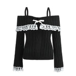 Women Long Sleeve Contrast Lace Knit Pullovers Autumn Winter Cold Shoulder Sweaters Bow Front Jumper Tops Beige/Pink