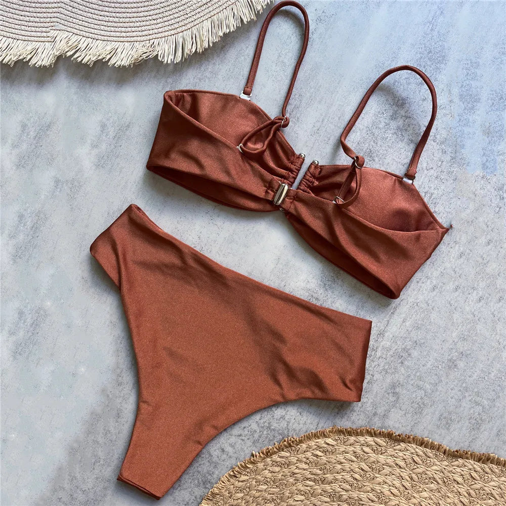 Brown Shiny U Shaped Bikini High Waist Sexy Swimsuit Women 2026 Wrinkled Solid Swimwears Bathing Suit Bandeau Bikinis Sets Mujer