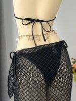 Vintage Beige Black Mesh Skirt 3 Piece Bikini Set 2026 Women Metal Chain Strap Push Up Bra Swimsuit Beach Bathing Suit Swimwear