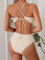 Vintage Metal U Neck Swimwear Women Solid Beige Criss Cross Backless Tummy Control One Piece Swimsuit 2026 Beach Bathing Suits