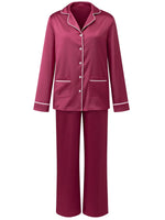 Women's Satin Two Pieces Pajama Sets Fashionable Contrast Color Trim Long Sleeve Button Down Tops with Pants Soft Sleepwear
