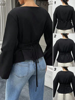 Women's Casual Solid Color Boat Neck Flare Sleeve T-Shirt Elegant Back Tie Slim Fit Long Sleeve Tops Spring/Fall