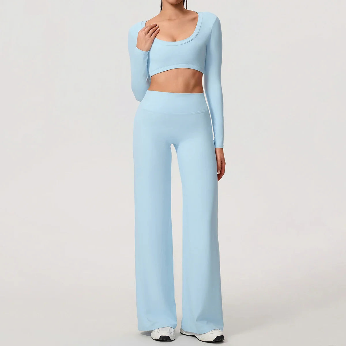 Hearuisavy Sports Set 2Pcs Women'sLong Sleeve Backless Fitted Fitness Top Push Up Pilates Yoga Top Wide Leg Straight Leg Pants