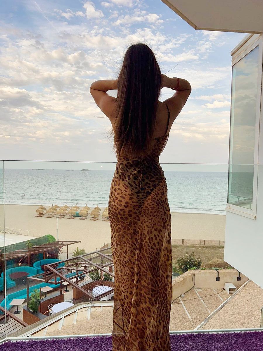 Yiiciovy Sexy Women's Split Beach Long Dress Cover-Ups Zebra Stripe/Leopard Print Summer Backless Dress for Beachwear Streetwear