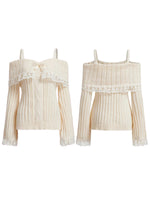 Women Long Sleeve Contrast Lace Knit Pullovers Autumn Winter Cold Shoulder Sweaters Bow Front Jumper Tops Beige/Pink