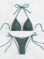 Sexy Green 2 Piece Bikinis Sets Women Halter Metal Stap Push Up Swimsuit 2024 Summer Lace Up Beach Bathing Suit Thong Swimwear