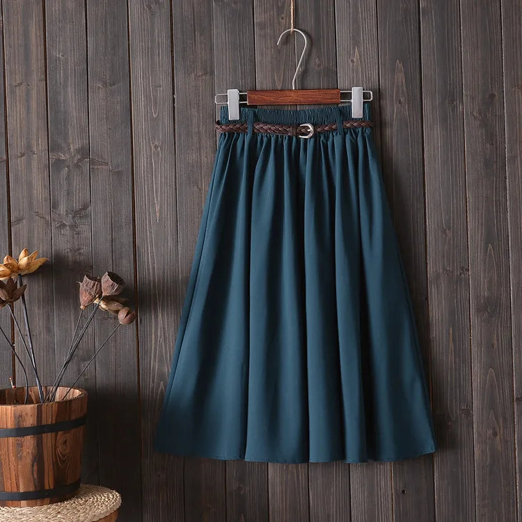 Midi Knee Length Summer Skirt Women With BeltFashion Korean Ladies High Waist Pleated A-line School Skirt Female