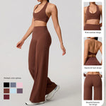 Hearuisavy Summer Yoga Set 2Pcs Women Breathable Backless Halter-Neck Sports Bra Push Up Pilates Fitness Top Straight Leg Pants