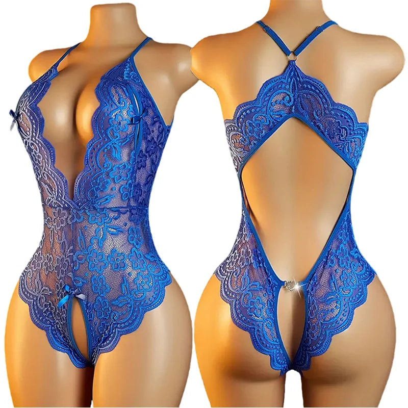 Transparent Sexy Crotchless Bra Set Lingerie Women Lace Hollow Bra Costumes Deep V Open Bra Underwea Erotic Backlesshot Bodysuit