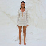 Sexy Boho Striped Chic V-neck Cut Out Bell Sleeve Knit Beach Mini Dress 2025 New Summer Women Seaside Holiday Swimsuit Cover Up