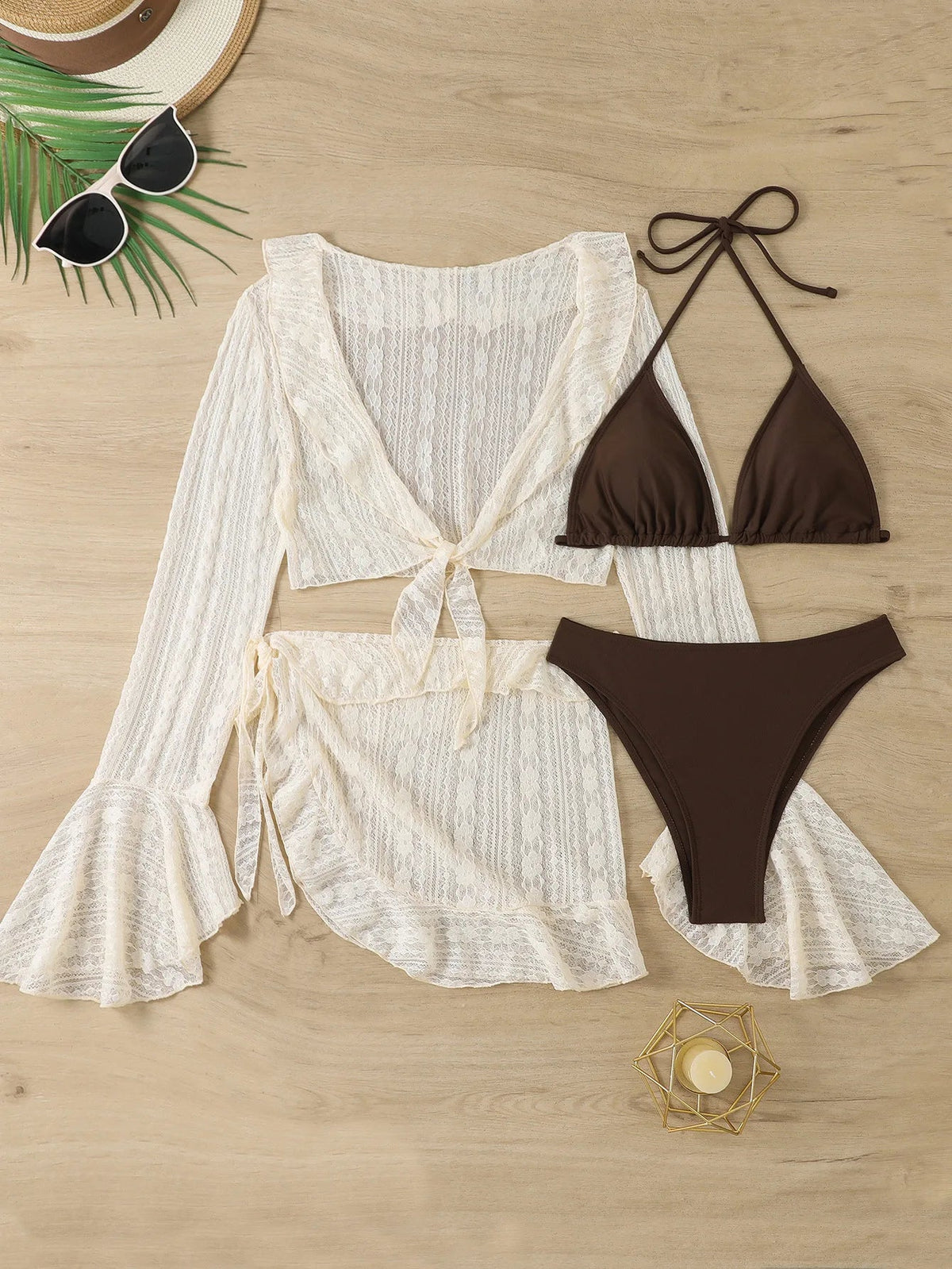 2025 4 Pieces Swimsuit with Skirt Female Swimwear Long-sleeved Cover Up Thong Bikinis Set Bather Swimming Beachwear Bathing Suit