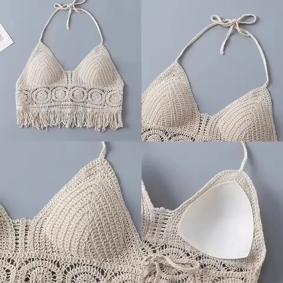 Boho Crochet Halter Top for Women Summer Beach Knit Crop Top with Tassels Backless Sleeveless Bralette