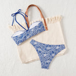 Bandeau Swimsuit Blue Thong Bikinis Women Sexy Print Halter Swimwear Female Padded Bathers Bathing Swim Suit Beach Wear Summer