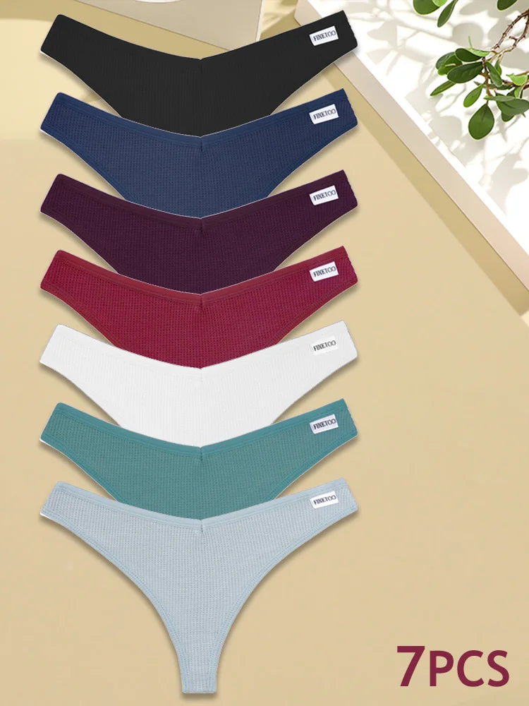 New 7Pcs Women Cotton Waffle Style G-string Panties Ladies Soft Thongs Female S-XL Low-Rise T-Back Panties Bikini Underwear 2024
