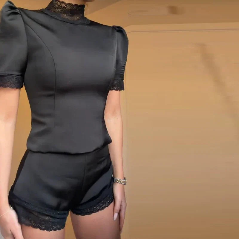 Solid Satin Lace Edge Top Short Sets For Women High Neck Padded Shoulder Blouse Low Waist Shorts 2026 Lady Spring Summer Outfits