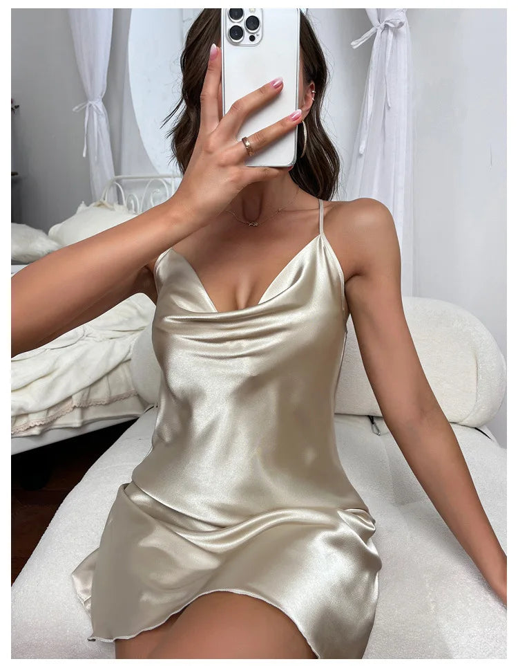 Sexy Short Backless Home Nightgown Solid Color Women's Robes V-neck Cross Suspender Skirt Simulated Silk Thin Dress for Women