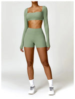 Hearuisavy Summer Casual Quick Dry Sportswear Women Square Neck Gym Top Women Fitness Sports Crop Top Long Sleeve Yoga Clothing