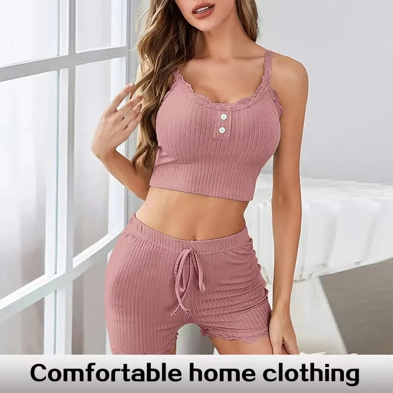 Womens Two Piece Pajama Set Ribbed Knit Lace Trim Crop Cami Top And Shorts Summer Loungewear Sleepwear Homewear New hot selling