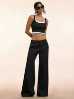 Women's Elegant Low Waist Personalized Slight Flared Leg Pants Casual Ribbed Wide Leg Mopping Trousers Streetwear 2025