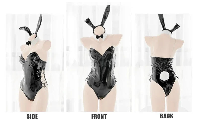 Mai Sakurajima Bunny Girl Cosplay Costume Women Sexy Lingerie PU Leather Bodysuit with Tie and Headband Set Anime Outfit