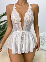 Sensual Lace Hollow BodysuitSexy Crotchless Lingerie Thong Women Erotic Pajamas Teddy Babydoll Dress Deep V Open Bra Porn Set
