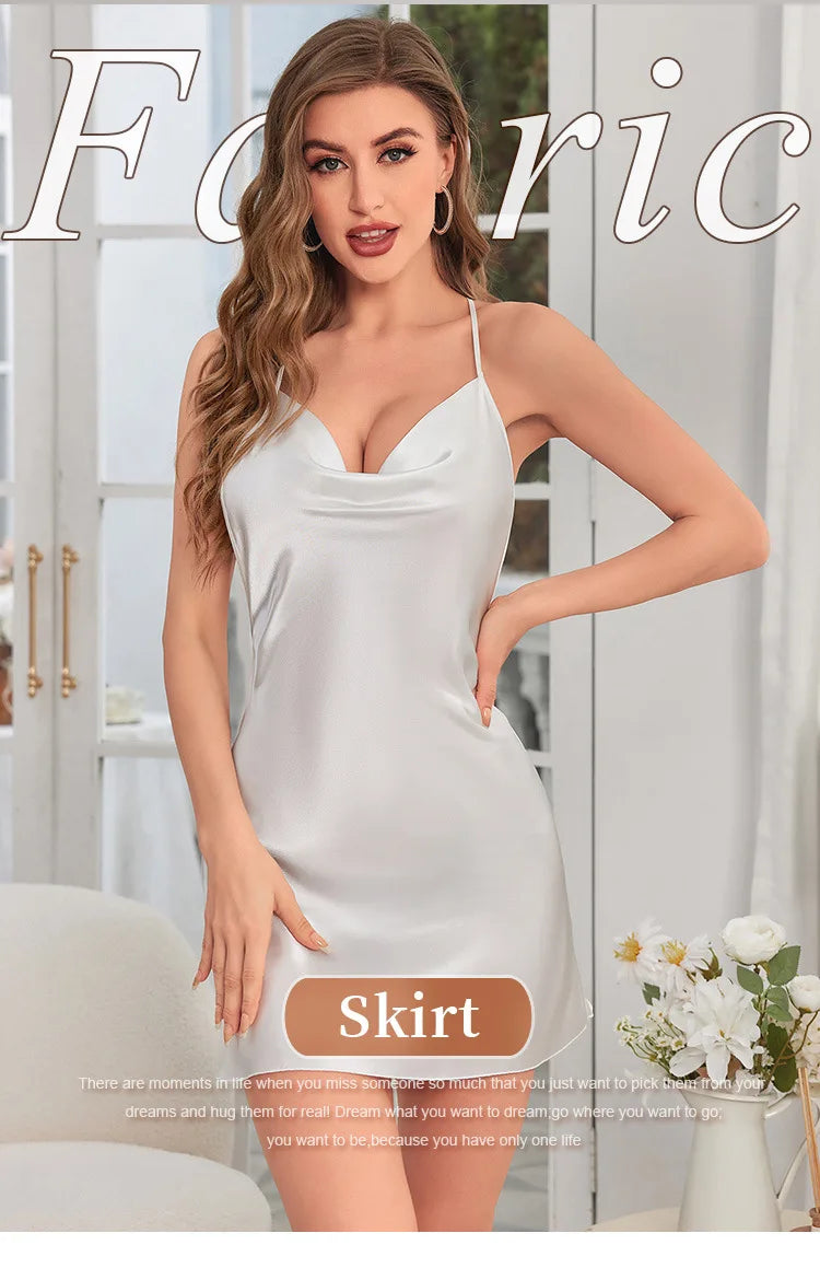 Sexy Short Backless Suspender Skirt Summer Ice Silk Thin Dress Women's Solid Color V-neck Home Nightgown Sleepwear Pjs Set