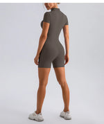 Yoga Jumpsuit Fashion Zipper Dance Short Playsuit Women Romper Short Sleeve Gym Fitness Overalls One Piece Sports Suit Unitard