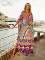 2026 Indie Folk Embroidered Short Sleeve Summer Dress Cotton Tunic Beach Kaftan Women Beachwear Swimsuit Cover Up Robe de plage