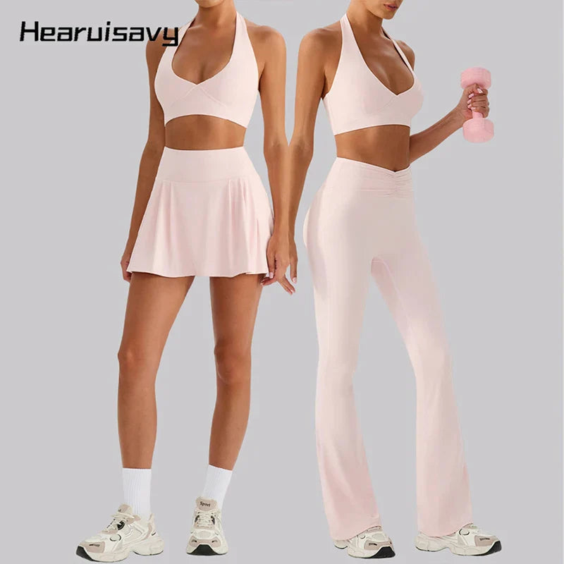 Hearuisavy 2Pcs Women's Sports Set Sun Protection Quick-Dry Tennis Skirt High Waist Yoga Flared Pants Gym Running Fitness Shorts