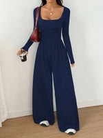 Women's Casual Solid Color Square Neck Long Sleeve A-Line Jumpsuit Pleating Wide Leg Loose Mopping Jumpsuit Spring/Fall 2026