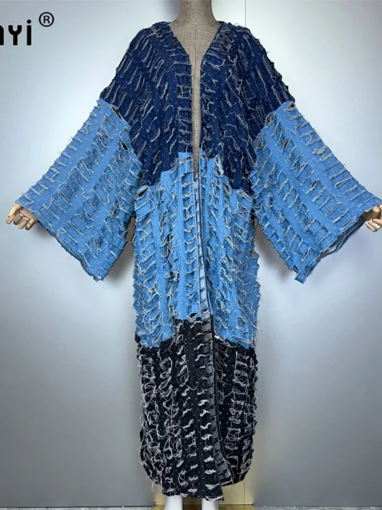 WINYI kimono Colour matching denim cardigan maxi dress beach wear cover-up abaya dubai luxury beach outfits for women kaftan