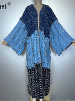 WINYI kimono Colour matching denim cardigan maxi dress beach wear cover-up abaya dubai luxury beach outfits for women kaftan