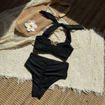 Vintage Black White Bikini Set 2025 Women Metal Heart Ornament Push Up Pleate High Wist Swimsuit Bathing Suit Holiday Swimwear