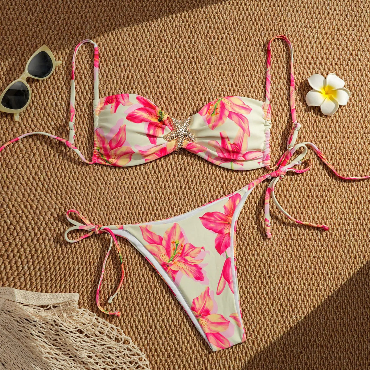 Sexy Pink Floral Print Micro Bikini 2025 Women Metal Starfish Ornament Pleate Push Up Thong Swimsuit Bathing Suit Pool Swimwear