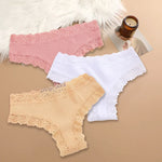 3Pcs Women Cotton Brazilian Pants Sexy Lace Brazilian Briefs Low Waist Floral Solid Color G-string Breathable Soft Lingerie