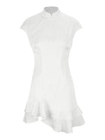 Trendix Women's Elegant Satin Evening Dress Fashion Stand Neck High Waist Slim Mini Dresses Party Sexy Short Sleeve Ruffle Dress