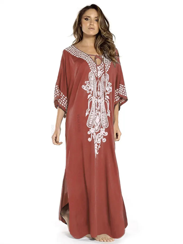 2026 Indie Folk Embroidered Short Sleeve Summer Dress Cotton Tunic Beach Kaftan Women Beachwear Swimsuit Cover Up Robe de plage