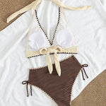 2026 Sexy Khaki Patchwork Two Piece Bikini Set Women Push Up Drawstring Side High Waist Swimsuit Holiday Bathing Suit Swimwear