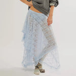 Vintage Lace Flower Women Midi Skirts Elastic High Waist Skirts Spring Summer Chic Irregular Hem Casual Female Skirts
