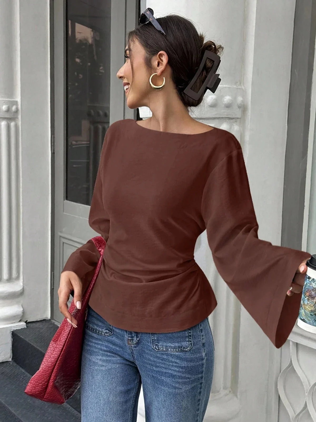 Women's Casual Solid Color Boat Neck Flare Sleeve T-Shirt Elegant Back Tie Slim Fit Long Sleeve Tops Spring/Fall
