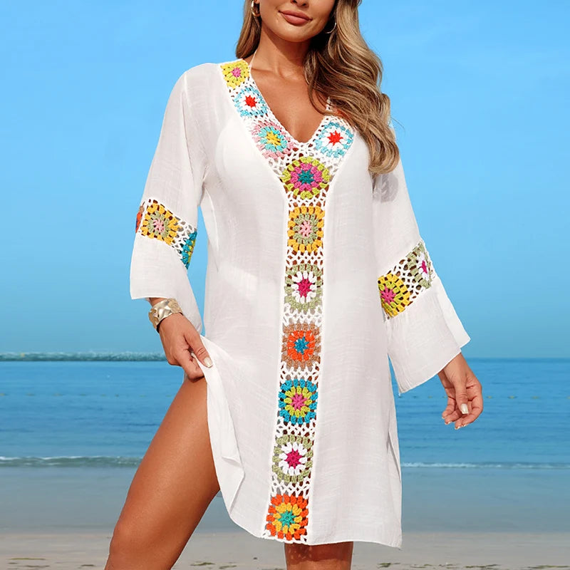 Hand Crochet Multicolour Flower Block Beachwear Cover Up Beach Vacation Casual See-Through Midi Dress Breathable Sunscreen Smock