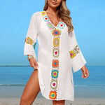 Hand Crochet Multicolour Flower Block Beachwear Cover Up Beach Vacation Casual See-Through Midi Dress Breathable Sunscreen Smock