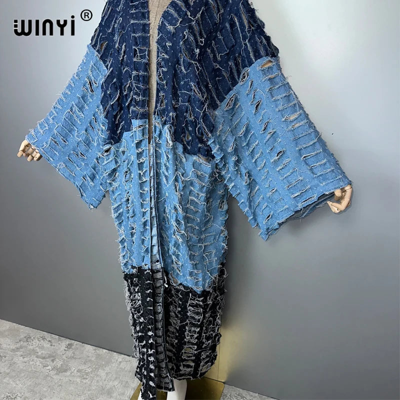 WINYI kimono Colour matching denim cardigan maxi dress beach wear cover-up abaya dubai luxury beach outfits for women kaftan