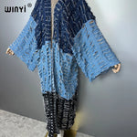WINYI kimono Colour matching denim cardigan maxi dress beach wear cover-up abaya dubai luxury beach outfits for women kaftan