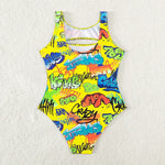 Vintage Yellow Abstract Print One Piece Swimsuit 2024 Women Hollow Out Holiday Bathing Suit Tummy Control Swimwear Beachwear