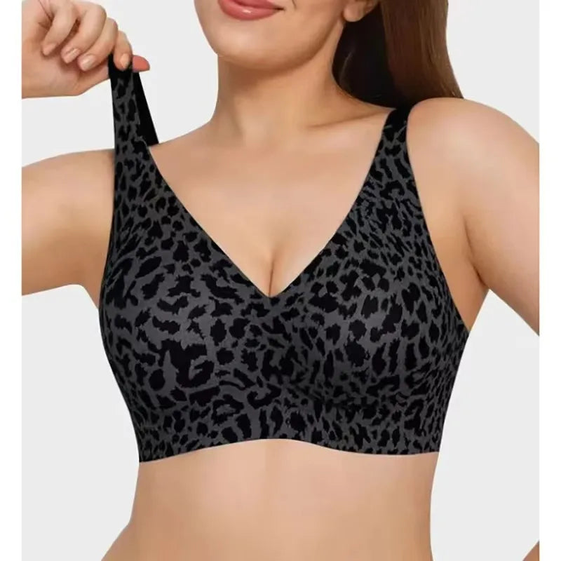 Leopard Print Deep V Seamless Wire-free Everyday Bra Comfortable and Breathable Full Cup Support Pink Leopard Print Bra Sostén